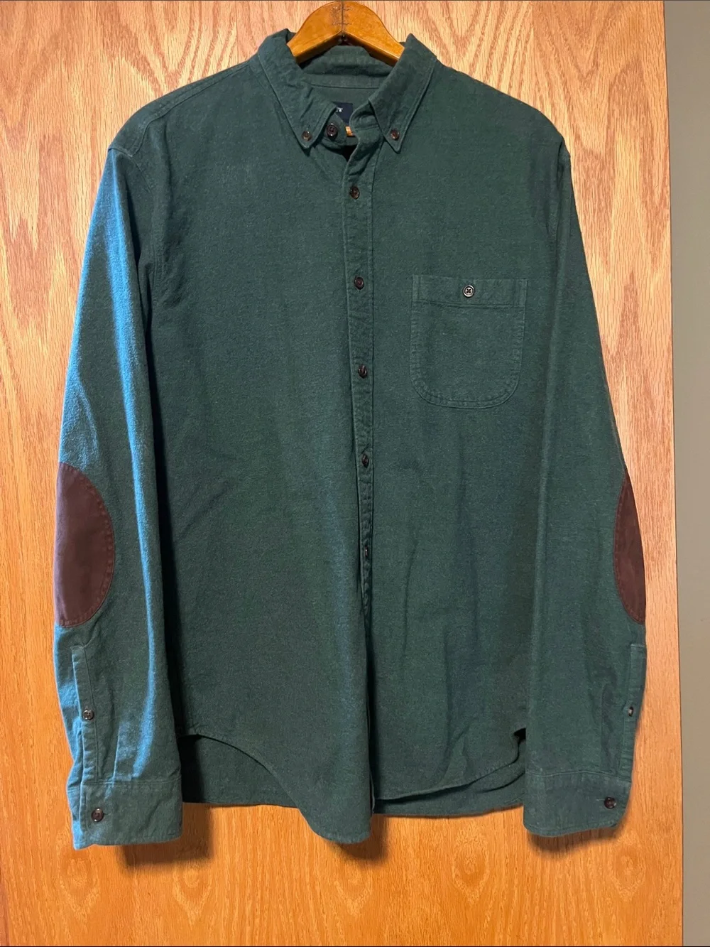J. Crew Dark Green Button-Down Shirt with Brown Elbow Patches
